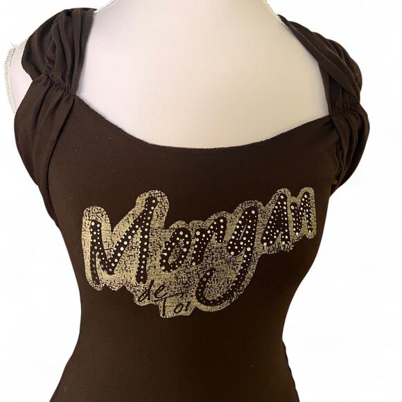 Morgan de Toi Paris Y2K Brown Rhinestone Logo Stretch Top Size XS France - Picture 2 of 8